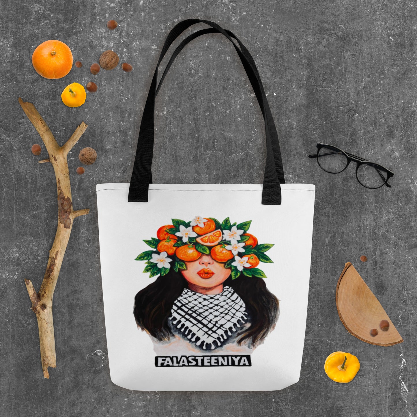 Tote bag with Clementines and Falasteeniya word print