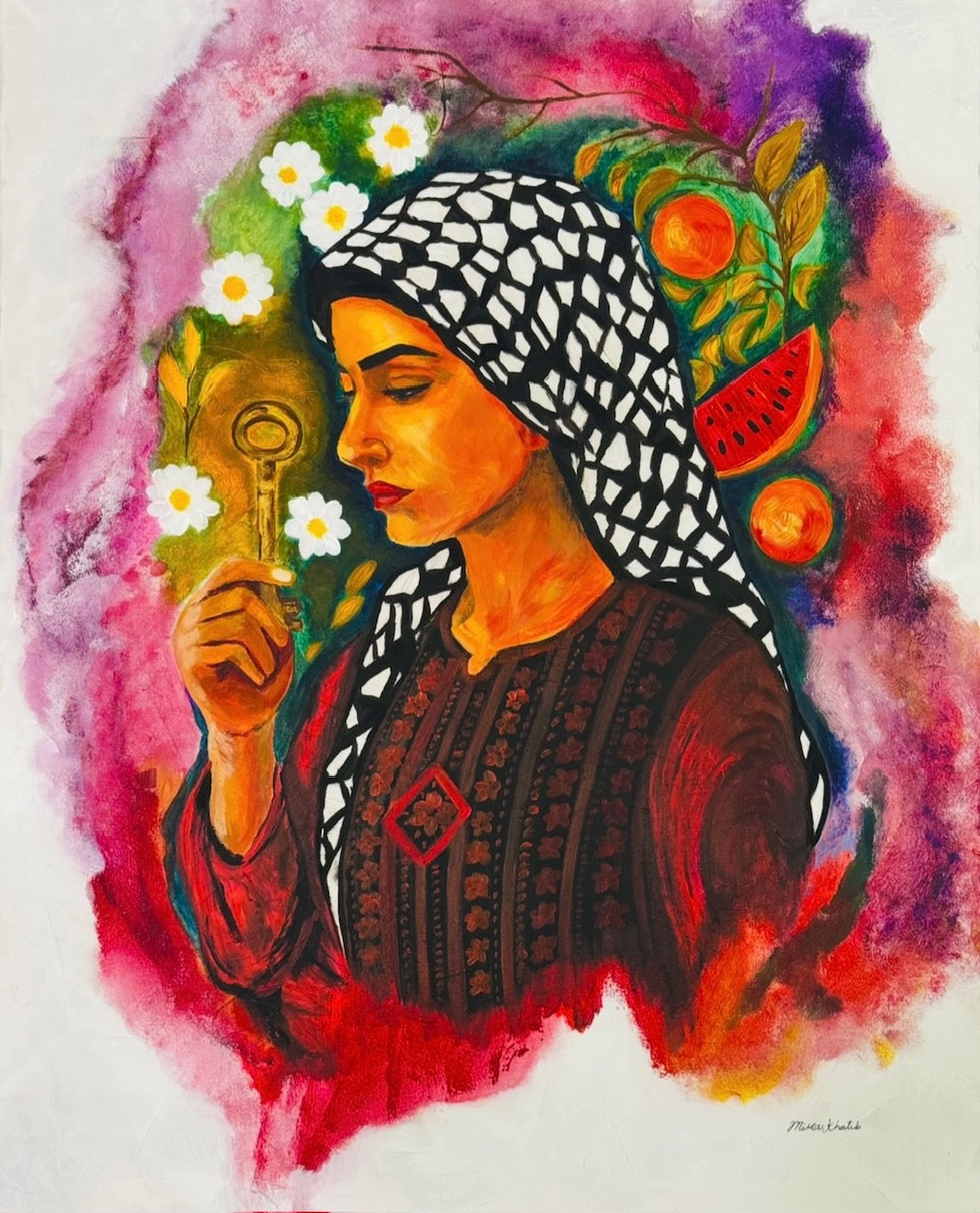 Palestinian woman holding the key to her house in a hope to return. one of a kind original acrylic painting